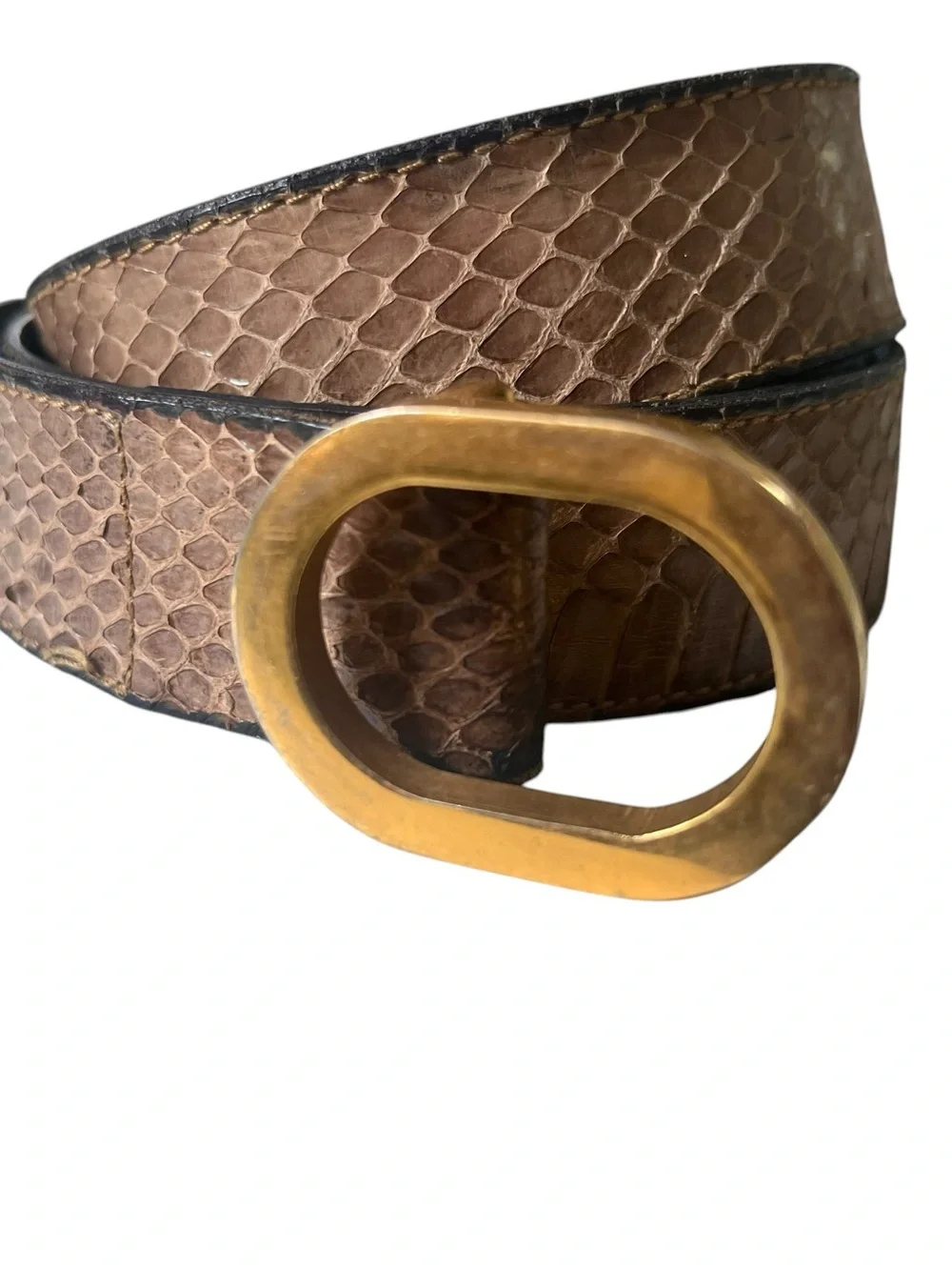 Lacavera Italy Python Embossed Leather Belt Brown Oval Buckle 35 in